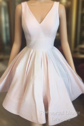 Short V Neck Light Pink Satin Semi Formal Prom Dresses, Short V Neck Pink Formal Graduation Dresses